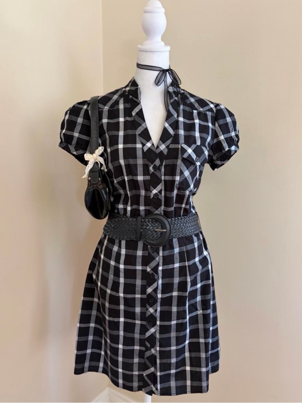 Vintage Y2K plaid babydoll lolita goth mini dress black white puff sleeve twee 6